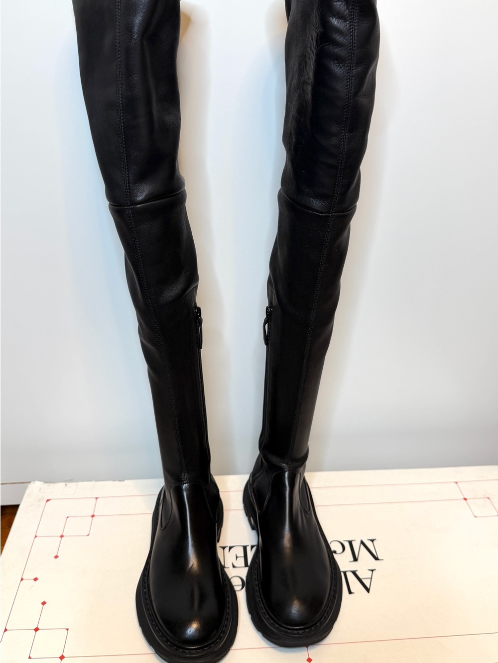 Over-the-Knee Black Leather Women's Boots Alexander McQueen